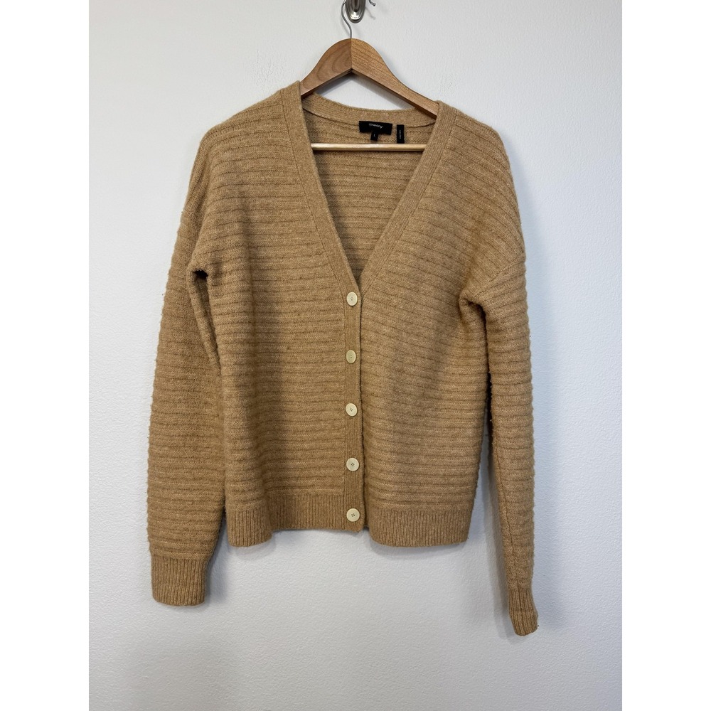 Theory Cardigan Sweater Women's Large Beige Yak Wool Blend V Neck Button Ribbed